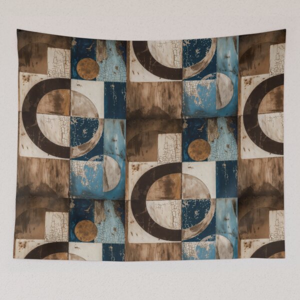 Item preview, Mid Century Modern Abstract Geometric Wall Art Retro Bauhaus Concentric Circles Painting in Distressed Indigo Blue and Warm Sepia Tones designed and sold by SurfaceCraft Studio.