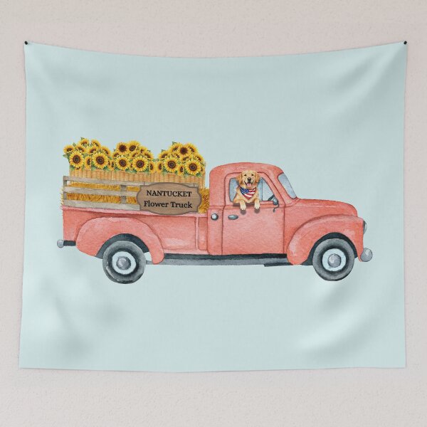 Item preview, Nantucket Autumn Flower Truck with Golden Retriever designed and sold by Coastal Joy.
