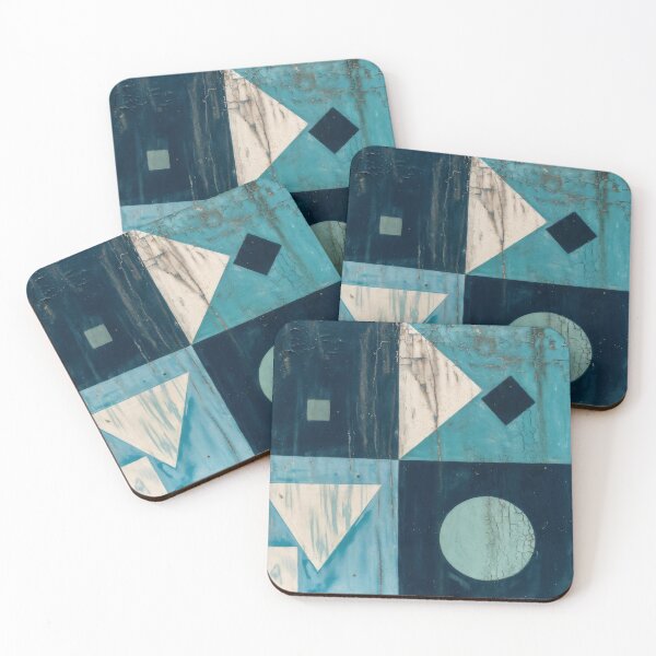 Item preview, Mid Century Modern Geometric Abstract Wall Art Retro Bauhaus Triangles Circles Pattern Painting in Ocean Blue Turquoise and Slate Tones designed and sold by SurfaceCraft Studio.