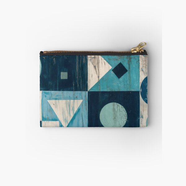 Item preview, Mid Century Modern Geometric Abstract Wall Art Retro Bauhaus Triangles Circles Pattern Painting in Ocean Blue Turquoise and Slate Tones designed and sold by SurfaceCraft Studio.