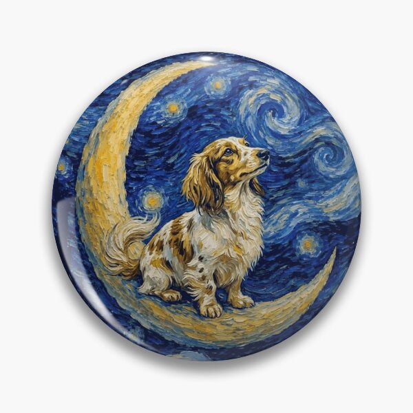 Artikelvorschau, Lustiges Gemälde eines gescheckten Dackels vor dem Sternenhimmel: Niedlicher Mond und Sterne – Mama, Papa, Kinder entworfen und verkauft von FurryHavenPH.