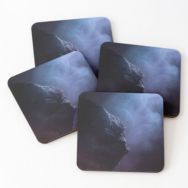 Item preview, Dark Fantasy Cinematic Celestial Landscape Mystery Alien Planet Surrounded by Misty Smoke in Deep Indigo Purple and Neon Crimson Lighting Print designed and sold by SurfaceCraft Studio.