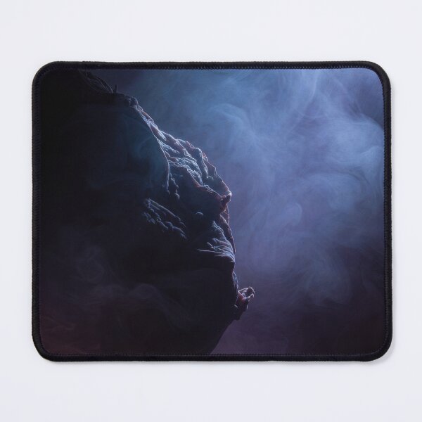 Item preview, Dark Fantasy Cinematic Celestial Landscape Mystery Alien Planet Surrounded by Misty Smoke in Deep Indigo Purple and Neon Crimson Lighting Print designed and sold by SurfaceCraft Studio.