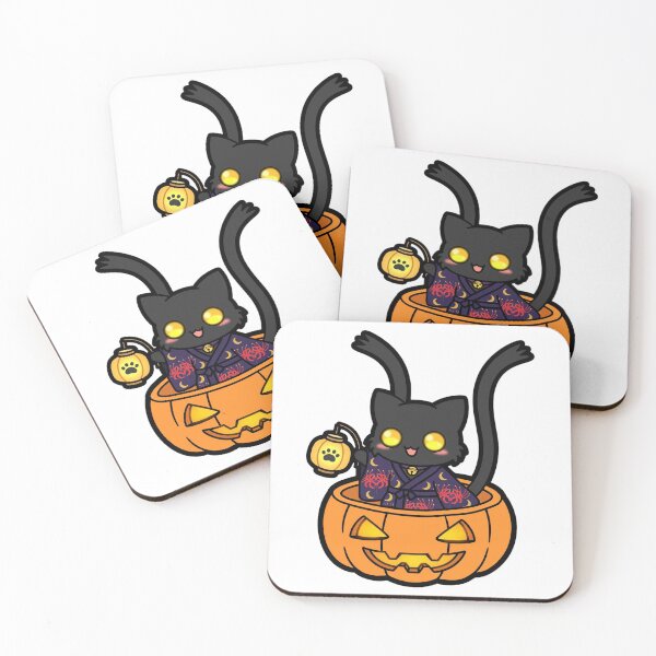 Item preview, Nekomata Yokai - Black Two-Tailed Cat in Pumpkin Halloween Kimono designed and sold by PrettyCrypt.