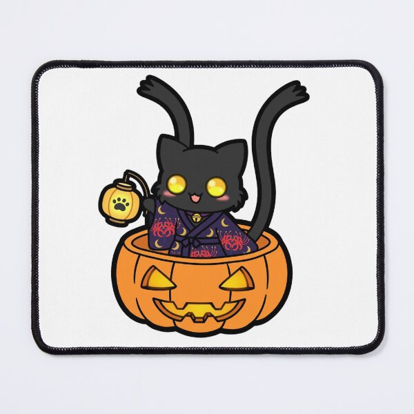 Item preview, Nekomata Yokai - Black Two-Tailed Cat in Pumpkin Halloween Kimono designed and sold by PrettyCrypt.
