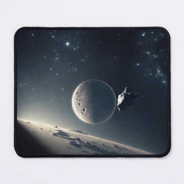 Item preview, Outer Space Galaxy Wall Art Deep Universe Moon Orbiting Planet with Meteor Asteroid and Starry Nebula Background Print designed and sold by SurfaceCraft Studio.