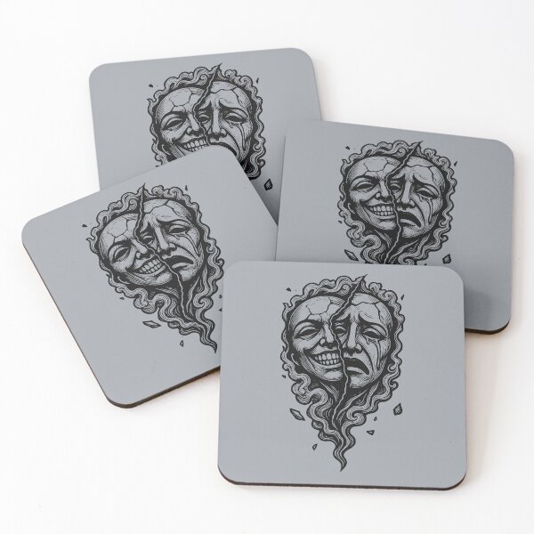 Item preview, Comedy Tragedy Theater Mask Split Face Duality Gothic Linocut Dark Art designed and sold by MarCinu Art.