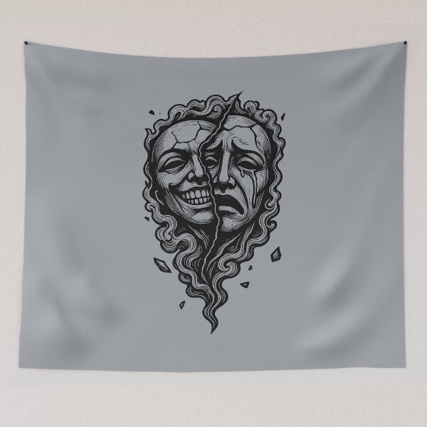 Item preview, Comedy Tragedy Theater Mask Split Face Duality Gothic Linocut Dark Art designed and sold by MarCinu Art.