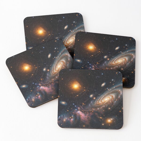 Item preview, Majestic Deep Space Galaxy Wall Art Glowing Golden Spiral Nebula with Star Clusters and Orbital Ring Phenomenon Painting Print designed and sold by SurfaceCraft Studio.