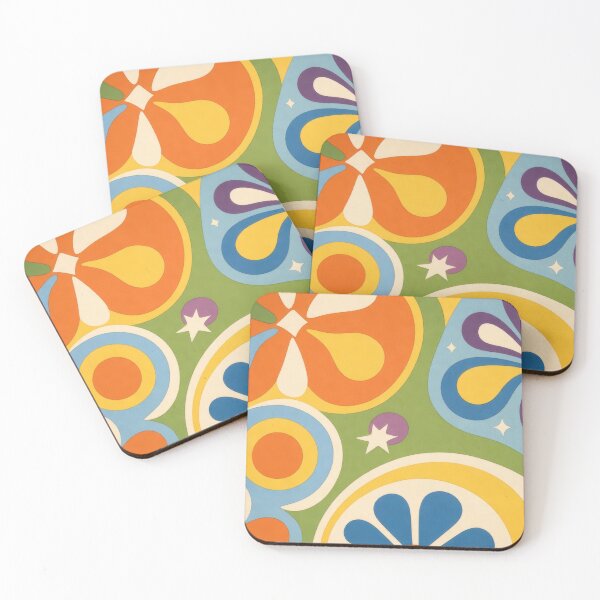 Item preview, Groovy Retro 70s Floral Abstract Wall Art Vintage Flower Power Pattern Print in Bright Orange Purple Sky Blue and Olive Green Tones designed and sold by SurfaceCraft Studio.