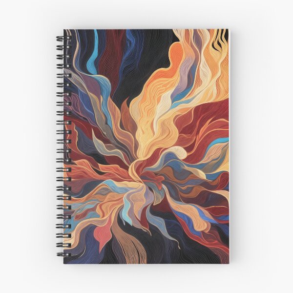 Item preview, Dynamic Colorful Abstract Waves Wall Art Fiery Flowing Line Burst Painting Print on Dark Black Background in Crimson Gold and Electric Blue Tones designed and sold by SurfaceCraft Studio.