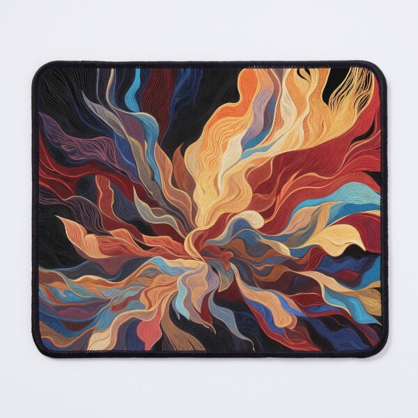 Item preview, Dynamic Colorful Abstract Waves Wall Art Fiery Flowing Line Burst Painting Print on Dark Black Background in Crimson Gold and Electric Blue Tones designed and sold by SurfaceCraft Studio.