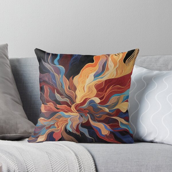 Item preview, Dynamic Colorful Abstract Waves Wall Art Fiery Flowing Line Burst Painting Print on Dark Black Background in Crimson Gold and Electric Blue Tones designed and sold by SurfaceCraft Studio.