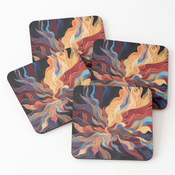 Item preview, Dynamic Colorful Abstract Waves Wall Art Fiery Flowing Line Burst Painting Print on Dark Black Background in Crimson Gold and Electric Blue Tones designed and sold by SurfaceCraft Studio.