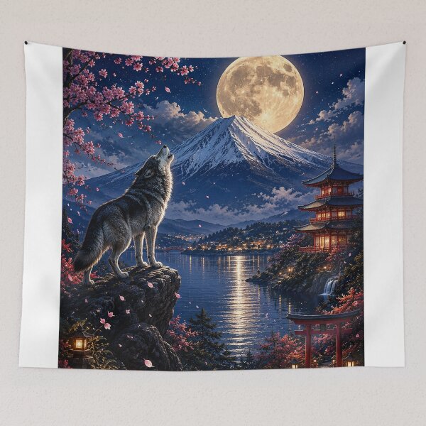Item preview, Howling Wolf Moon Japanese Mountain Fantasy designed and sold by BrandonArtWorld.