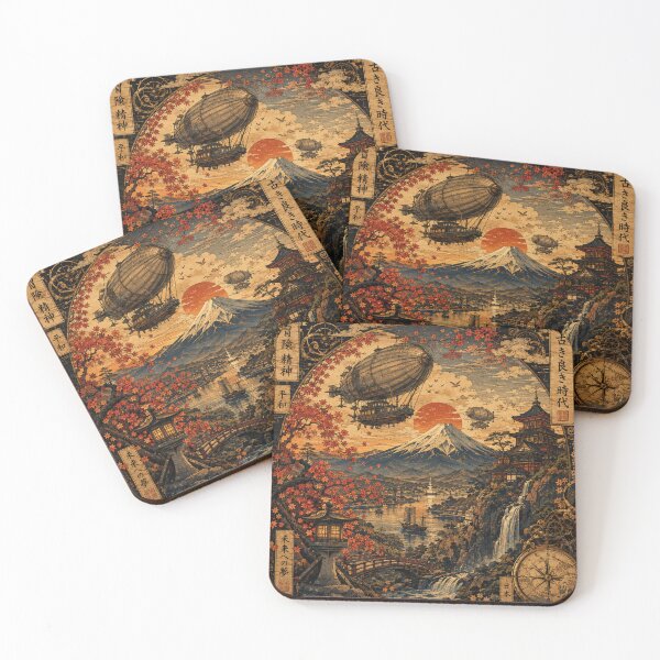 Item preview, Steampunk Ukiyo-e Mount Fuji Airships – Vintage Japanese Autumn Woodblock Art designed and sold by BrandonArtWorld.