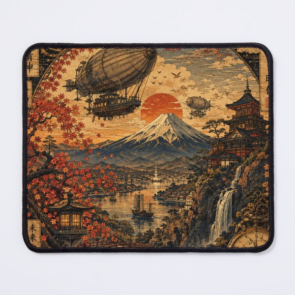 Item preview, Steampunk Ukiyo-e Mount Fuji Airships – Vintage Japanese Autumn Woodblock Art designed and sold by BrandonArtWorld.