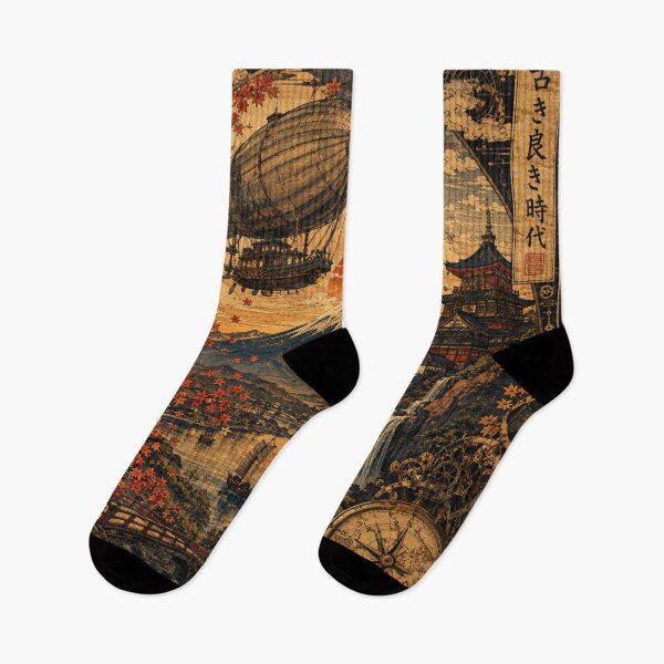 Item preview, Steampunk Ukiyo-e Mount Fuji Airships – Vintage Japanese Autumn Woodblock Art designed and sold by BrandonArtWorld.