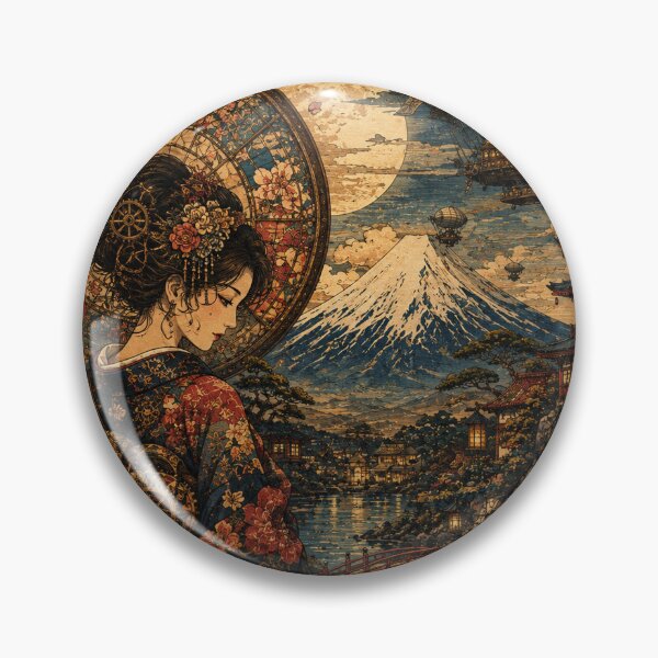 Item preview, Steampunk Ukiyo-e Japanese Woman & Mount Fuji – Vintage Clockwork Fantasy Art designed and sold by BrandonArtWorld.