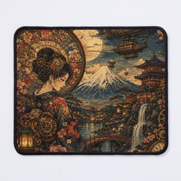 Item preview, Steampunk Ukiyo-e Japanese Woman & Mount Fuji – Vintage Clockwork Fantasy Art designed and sold by BrandonArtWorld.
