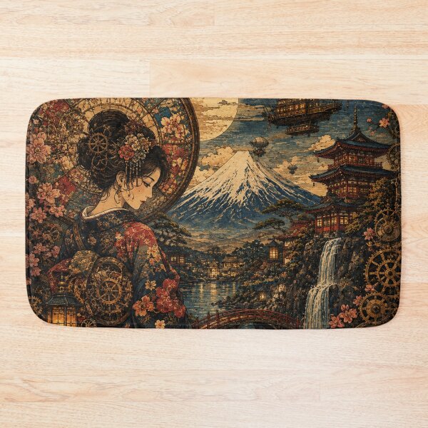 Item preview, Steampunk Ukiyo-e Japanese Woman & Mount Fuji – Vintage Clockwork Fantasy Art designed and sold by BrandonArtWorld.