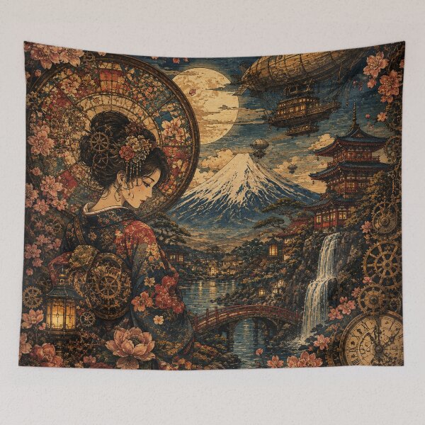 Item preview, Steampunk Ukiyo-e Japanese Woman & Mount Fuji – Vintage Clockwork Fantasy Art designed and sold by BrandonArtWorld.