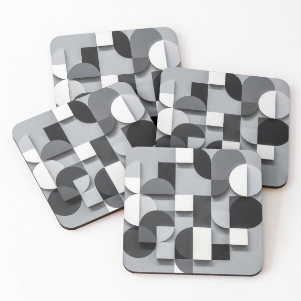 Item preview, Modern Monochrome 3D Geometric Abstract Wall Art Greyscale Shadowed Circles and Blocks Relief Pattern Print in Black Grey and White Tones designed and sold by SurfaceCraft Studio.