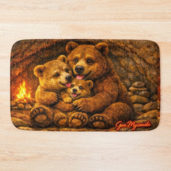 Item preview, Cozy Bear Family in Firelit Cave – Warm Realistic Cartoon Art by Geri Myszenski designed and sold by The Art Queen Of Michigan .