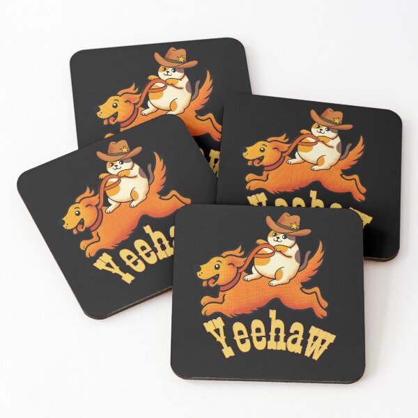 Item preview, Yeehaw Cowboy Cat Riding Golden Retriever Dog | Light Text Edition designed and sold by SunandShade.