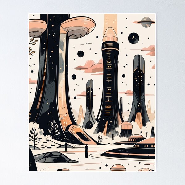 Item preview, Retro Futuristic Space City – Cosmic Sci Fi Landscape designed and sold by Hustlingminds.