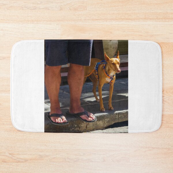 Item preview, Small Tan Dog On Leash Standing Next To Owner's Legs In Sandals On Stone Street designed and sold by Nmallia.