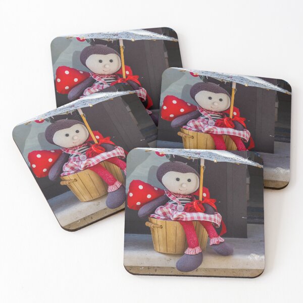 Item preview, Cute Cloth Doll Sitting in Wooden Basket Holding Lace Umbrella in Red Gingham Dress designed and sold by Nmallia.