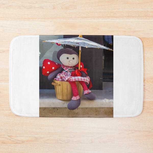 Item preview, Cute Cloth Doll Sitting in Wooden Basket Holding Lace Umbrella in Red Gingham Dress designed and sold by Nmallia.