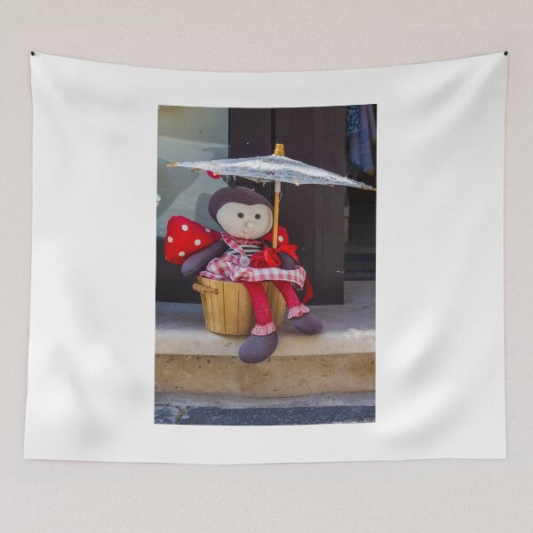 Item preview, Cute Cloth Doll Sitting in Wooden Basket Holding Lace Umbrella in Red Gingham Dress designed and sold by Nmallia.