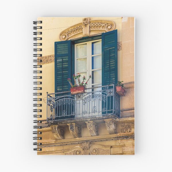 Item preview, Ornate Mediterranean Balcony With Wrought-Iron Railing, Blue Shutters and Potted Flowers on Historic Facade designed and sold by Nmallia.