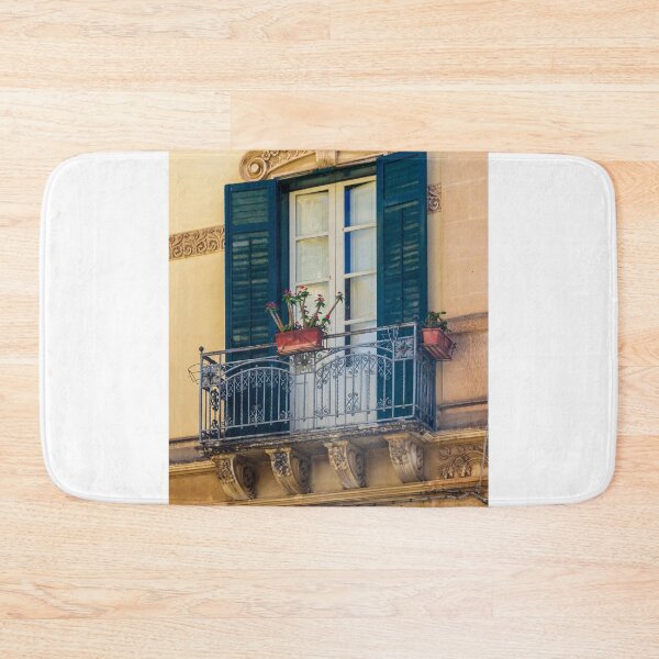 Item preview, Ornate Mediterranean Balcony With Wrought-Iron Railing, Blue Shutters and Potted Flowers on Historic Facade designed and sold by Nmallia.
