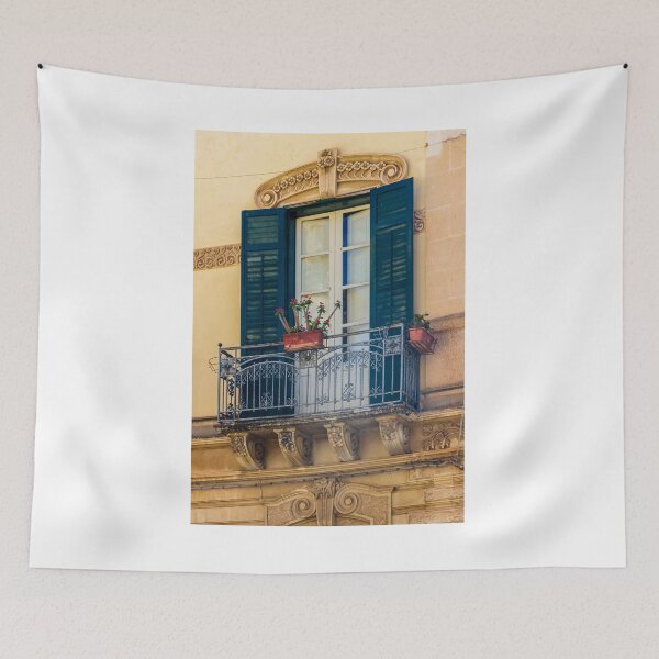 Item preview, Ornate Mediterranean Balcony With Wrought-Iron Railing, Blue Shutters and Potted Flowers on Historic Facade designed and sold by Nmallia.