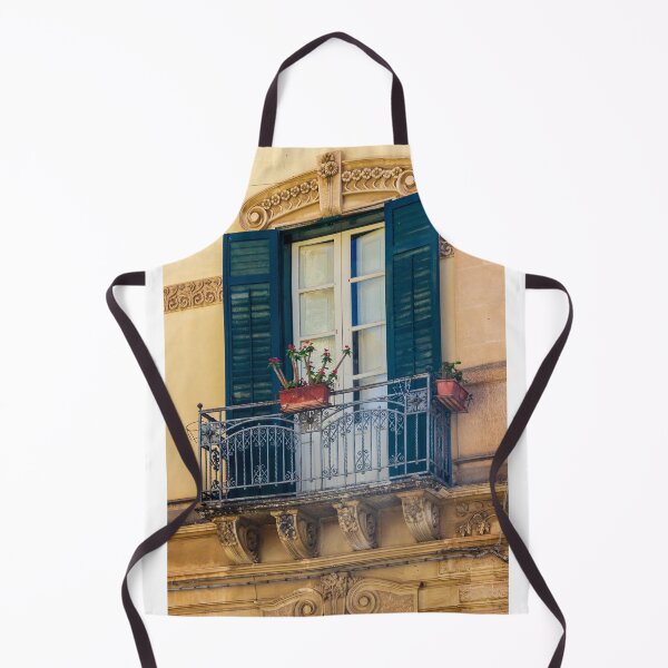 Item preview, Ornate Mediterranean Balcony With Wrought-Iron Railing, Blue Shutters and Potted Flowers on Historic Facade designed and sold by Nmallia.