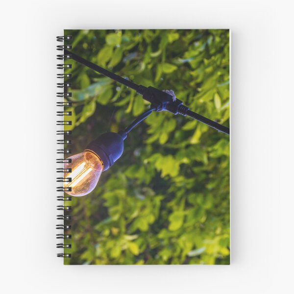Item preview, Warm Glowing Light Bulb Hanging From Outdoor String Lights Over Lush Green Garden Foliage designed and sold by Nmallia.
