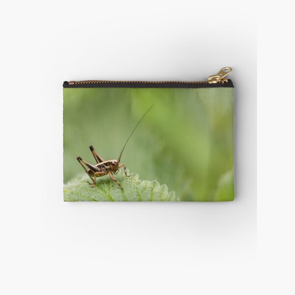 Item preview, Close up macro view of a brown grasshopper nymph standing on a textured green stinging nettle leaf. designed and sold by 3 Hours of Silence.