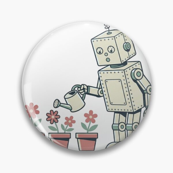 Item preview, Vintage Tin Robot Watering Potted Flowers Retro Screen Print Style Sage Green Dusty Rose Illustration designed and sold by OnPointOutfits.