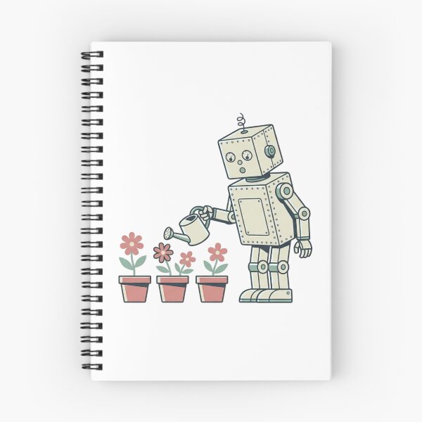Item preview, Vintage Tin Robot Watering Potted Flowers Retro Screen Print Style Sage Green Dusty Rose Illustration designed and sold by OnPointOutfits.
