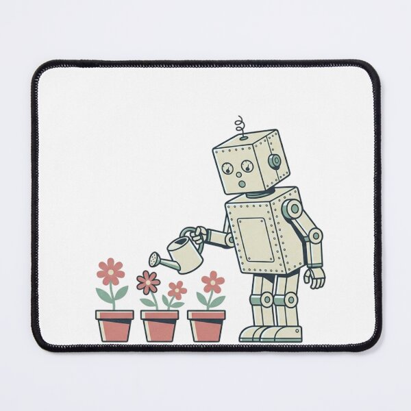 Item preview, Vintage Tin Robot Watering Potted Flowers Retro Screen Print Style Sage Green Dusty Rose Illustration designed and sold by OnPointOutfits.