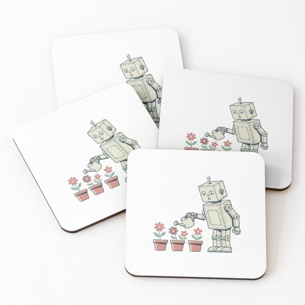 Item preview, Vintage Tin Robot Watering Potted Flowers Retro Screen Print Style Sage Green Dusty Rose Illustration designed and sold by OnPointOutfits.