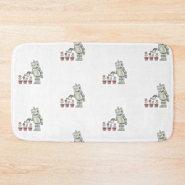 Item preview, Vintage Tin Robot Watering Potted Flowers Retro Screen Print Style Sage Green Dusty Rose Illustration designed and sold by OnPointOutfits.