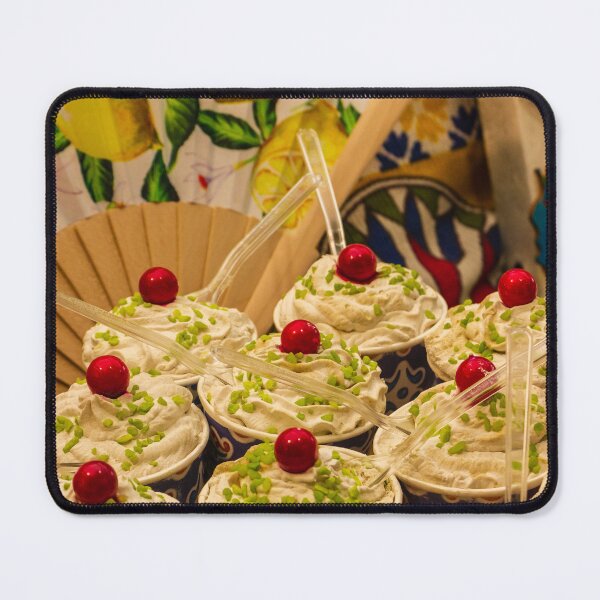 Item preview, Colorful Dessert Cups With Whipped Cream, Red Cherry Toppings and Lemon Pattern Background designed and sold by Nmallia.