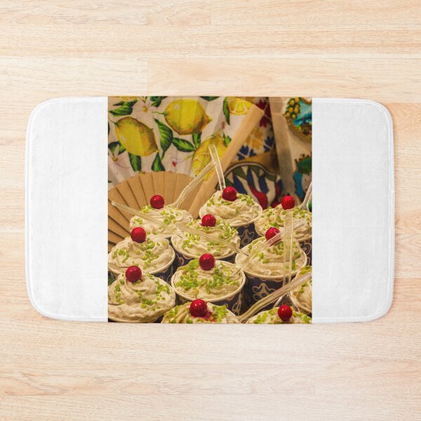 Item preview, Colorful Dessert Cups With Whipped Cream, Red Cherry Toppings and Lemon Pattern Background designed and sold by Nmallia.