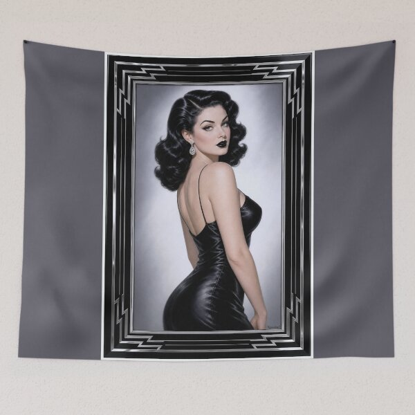 Item preview, Black Satin Classic Noir Portrait Of Genevieve Thornecroft Enchanting AI Concept Art by Xzendor7 designed and sold by Xzendor7 Digital Art Creations.