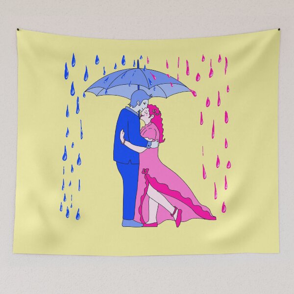Item preview, Rain Love Umbrella Pink And Blue with yellow background  designed and sold by missmann.