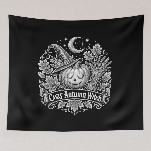 Item preview, Cozy Autumn Witch – Carved Pumpkin, Witch Hat and Autumn Leaves Vintage Engraving Design designed and sold by CosmicFlora Studio.